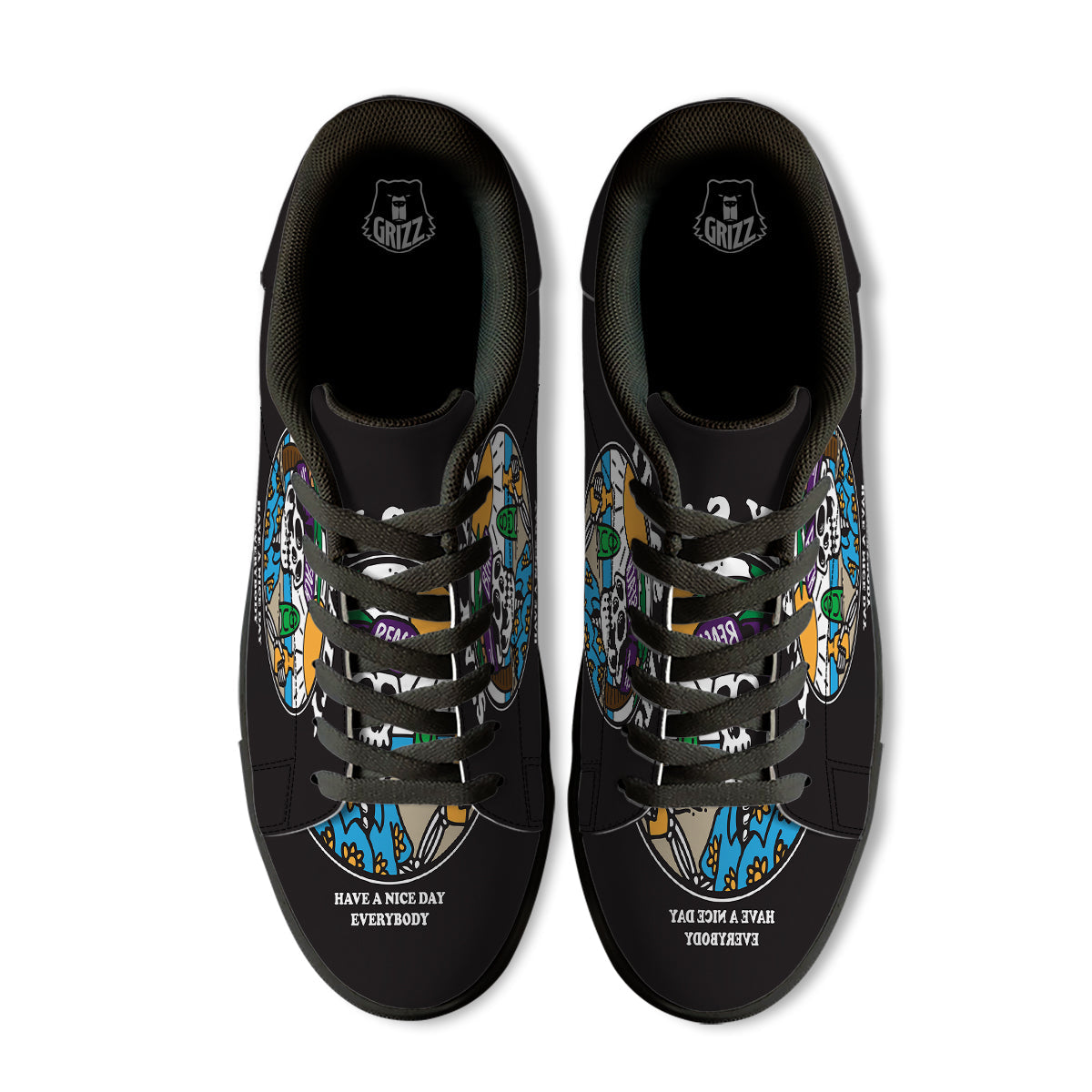 Skull Relax On Beach Print Black Low Top Sneakers-grizzshop