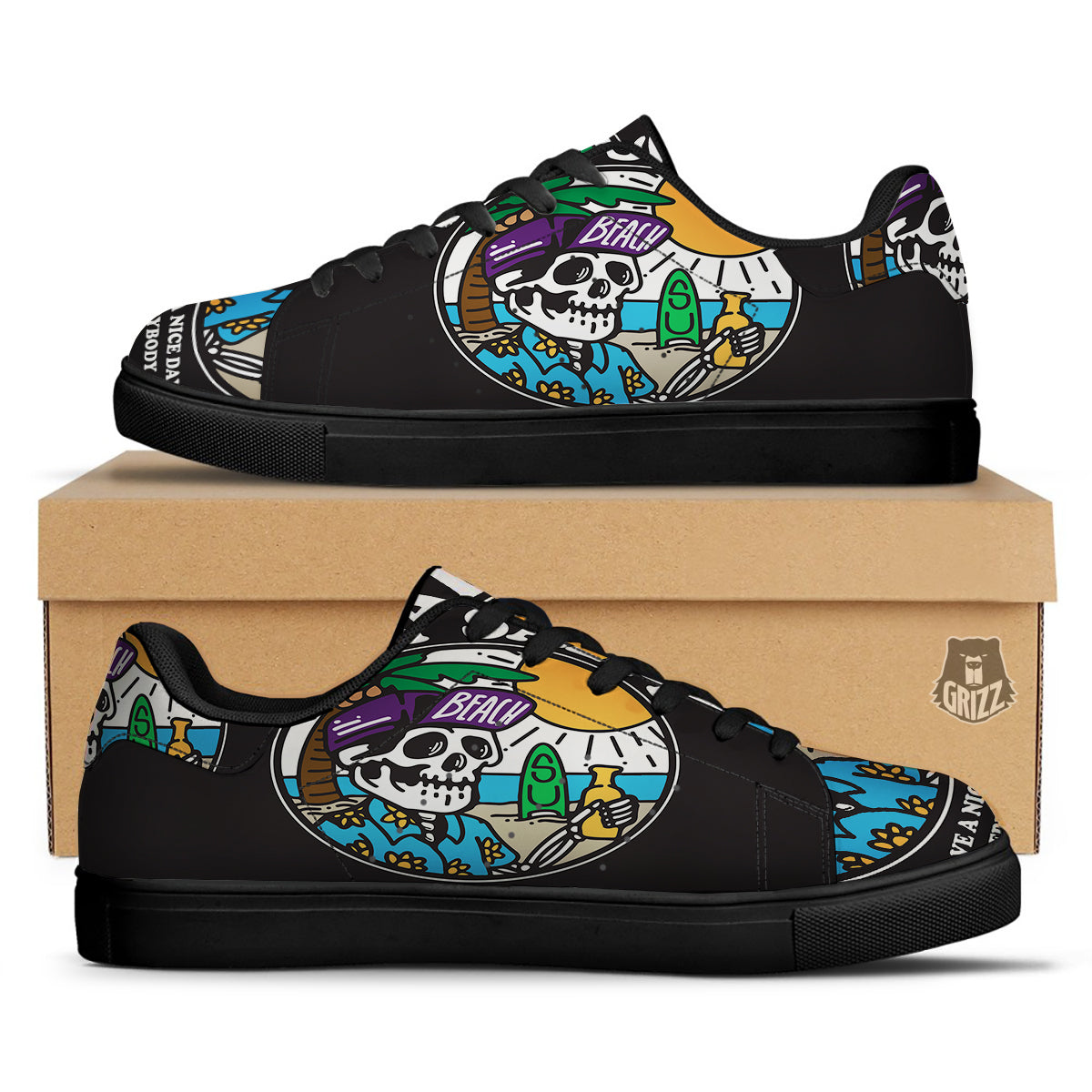 Skull Relax On Beach Print Black Low Top Sneakers-grizzshop