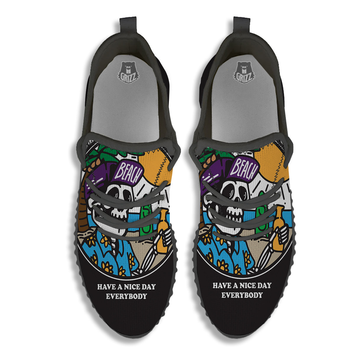 Skull Relax On Beach Print Black Walking Shoes-grizzshop