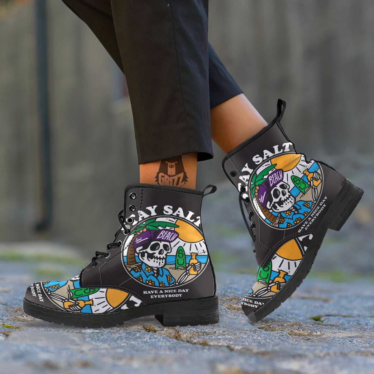 Skull Relax On Beach Print Leather Boots-grizzshop