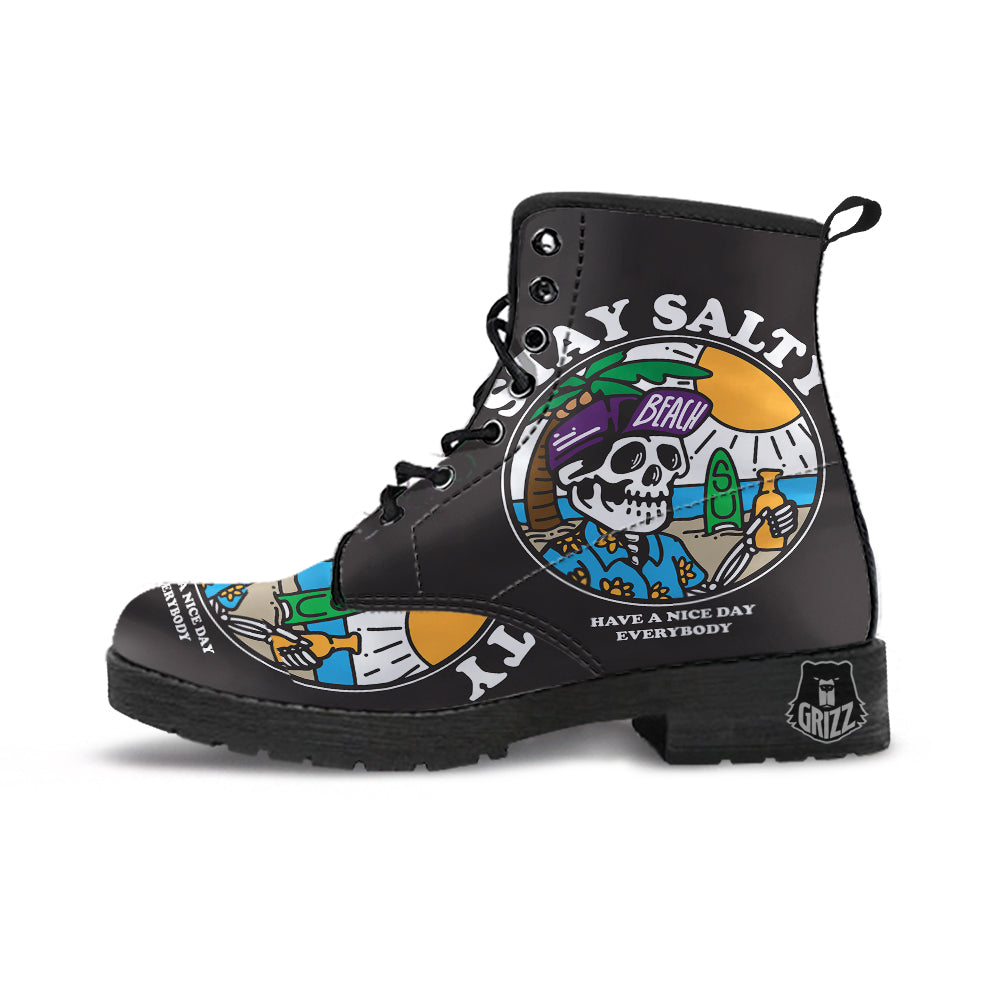 Skull Relax On Beach Print Leather Boots-grizzshop