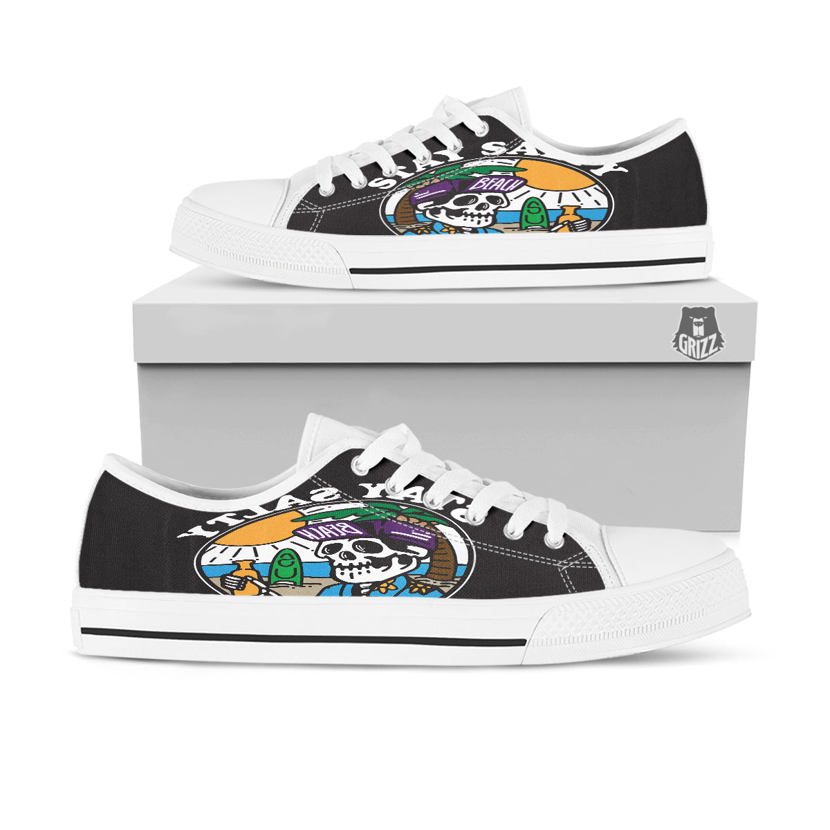 Skull Relax On Beach Print White Low Top Shoes-grizzshop