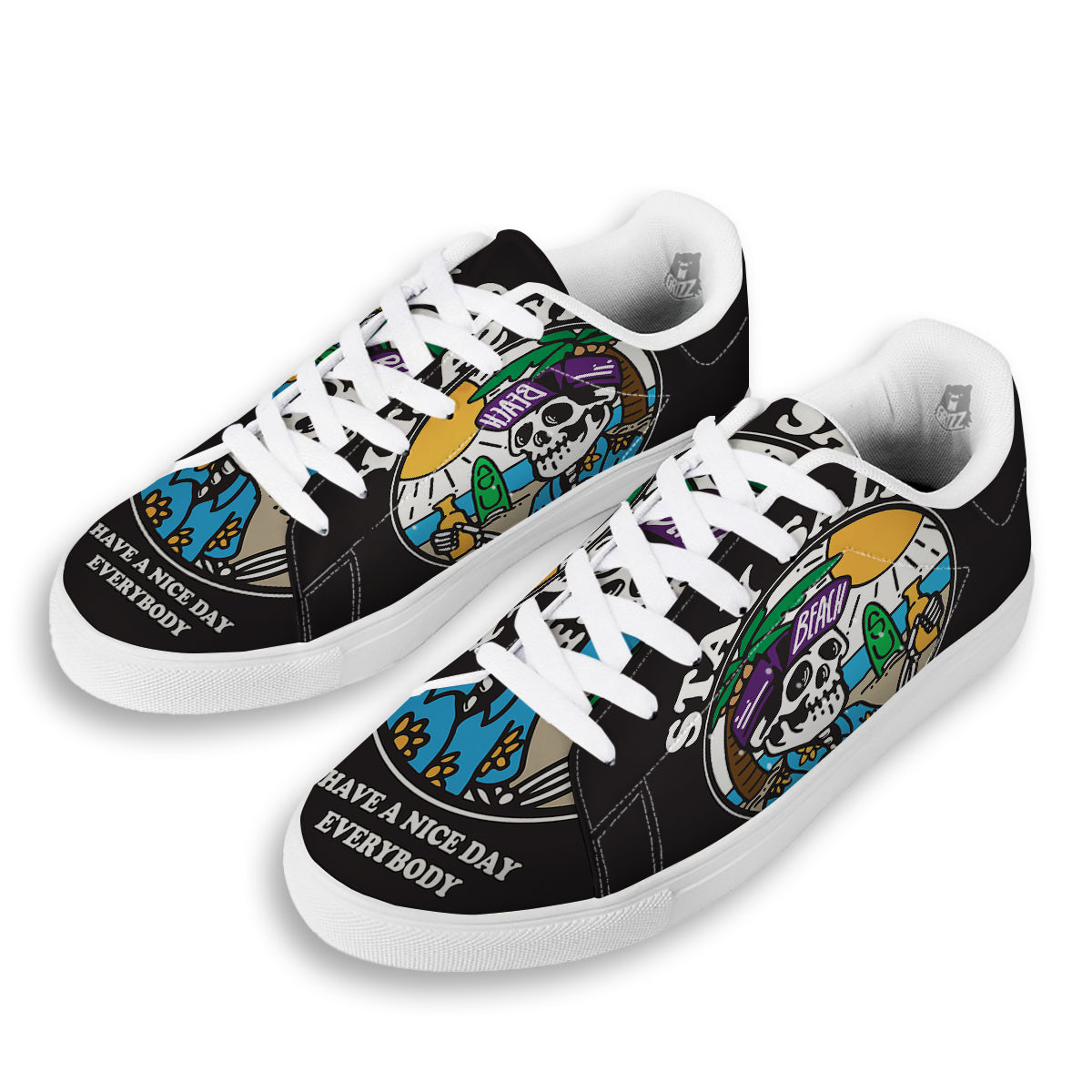 Skull Relax On Beach Print White Low Top Sneakers-grizzshop
