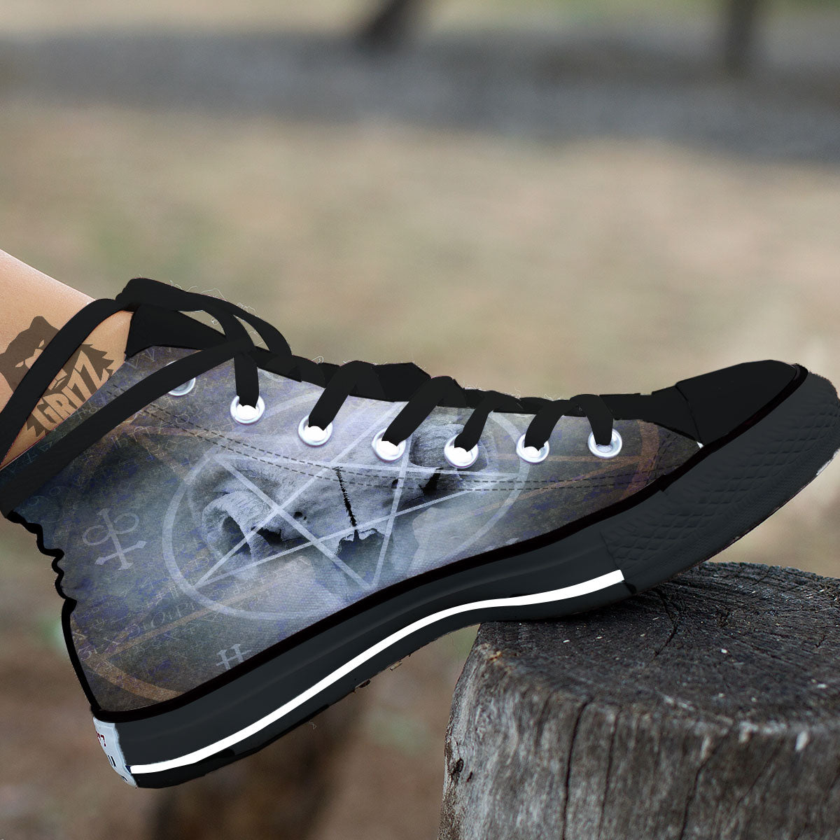 Skull Satanic Pentagram Print Black High Top Shoes-grizzshop