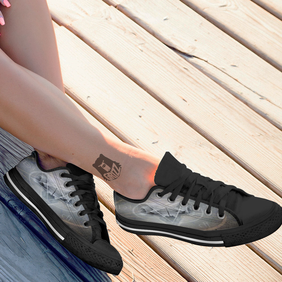 Skull Satanic Pentagram Print Black Low Top Shoes-grizzshop