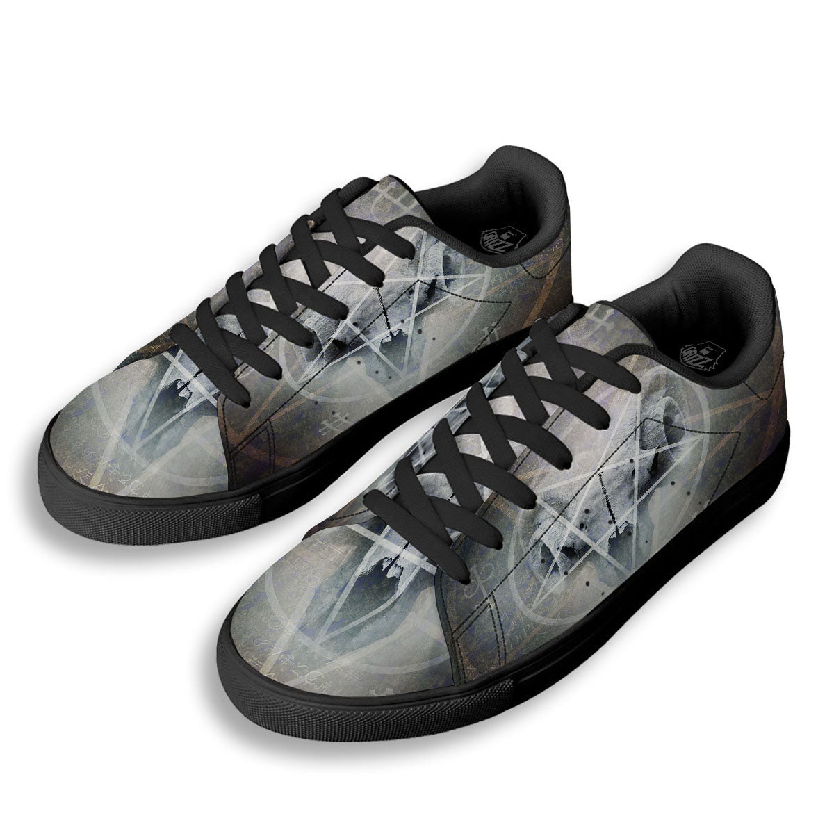 Skull Satanic Pentagram Print Black Low Top Sneakers-grizzshop