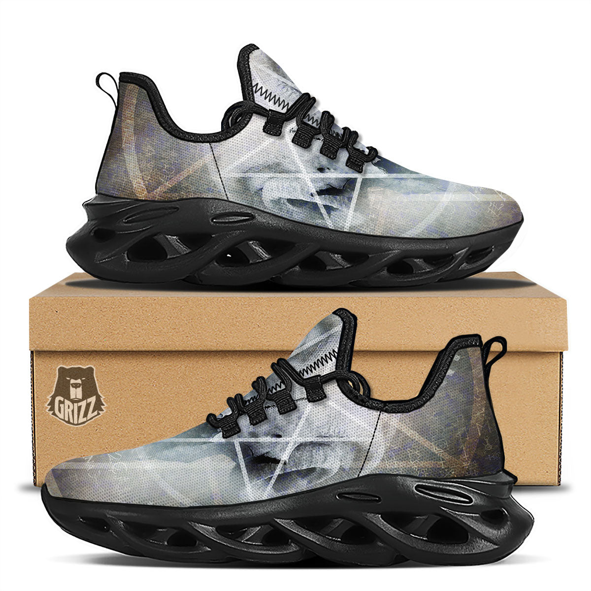 Skull Satanic Pentagram Print Black Running Shoes-grizzshop