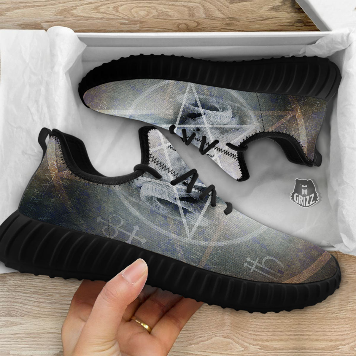 Skull Satanic Pentagram Print Black Walking Shoes-grizzshop