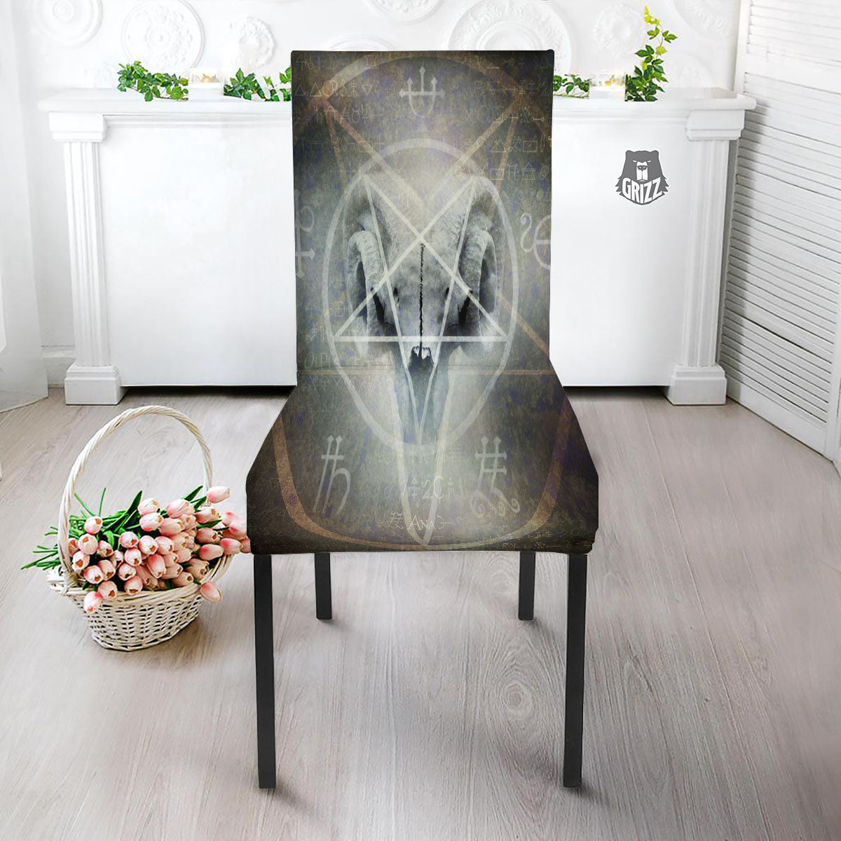 Skull Satanic Pentagram Print Dining Chair Slipcover-grizzshop