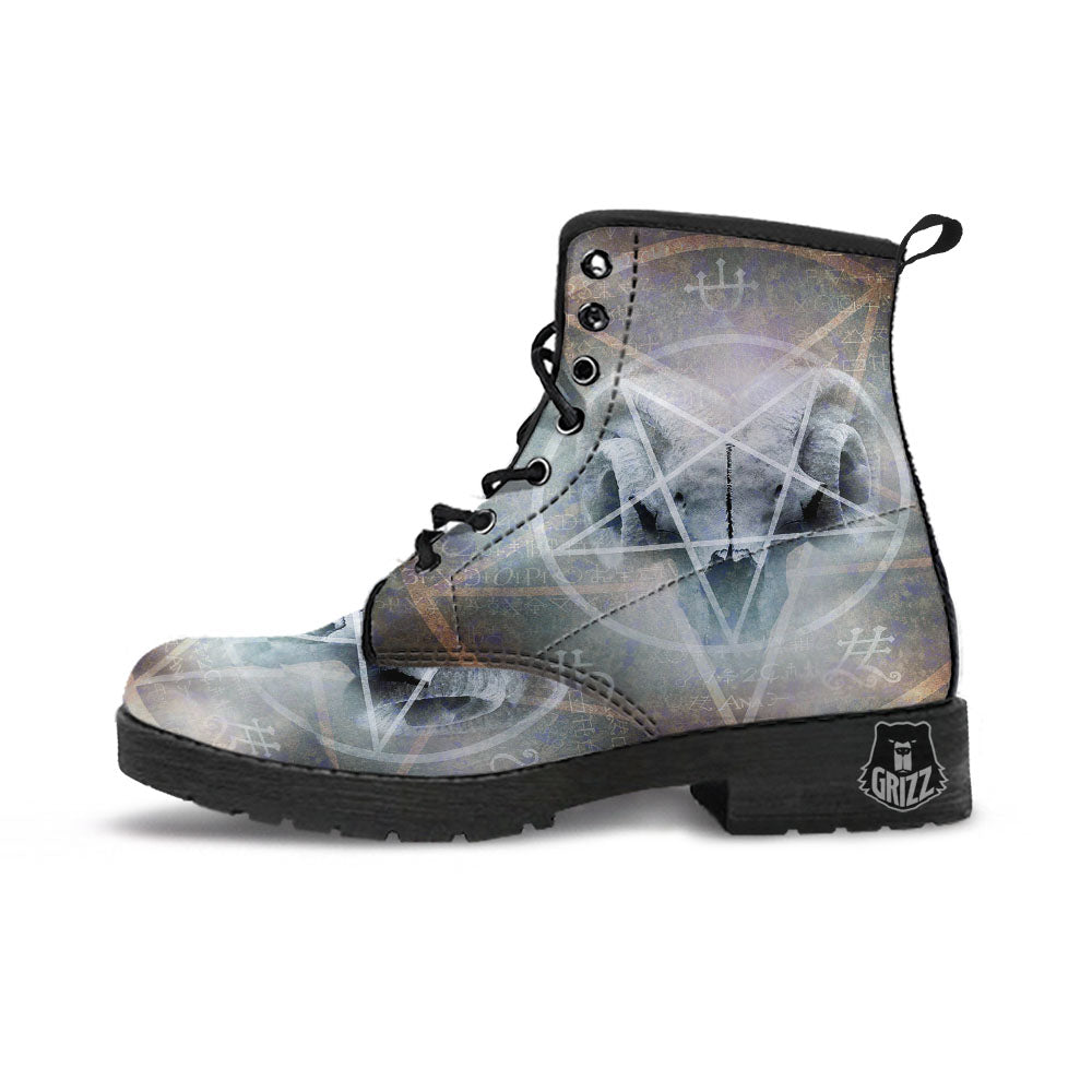 Skull Satanic Pentagram Print Leather Boots-grizzshop