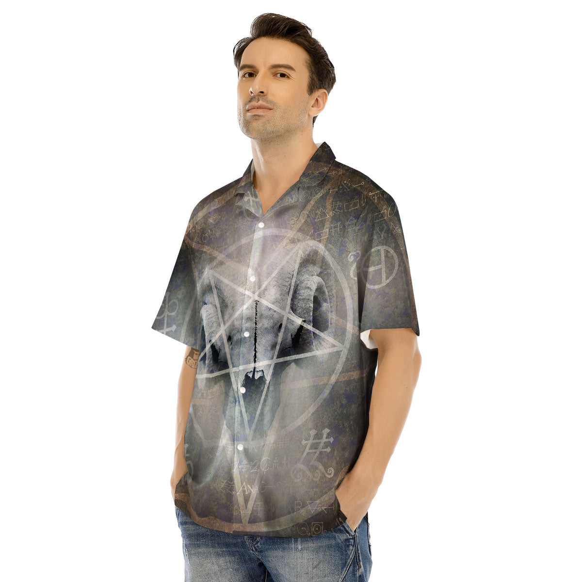 Skull Satanic Pentagram Print Men's Hawaiian Shirt-grizzshop