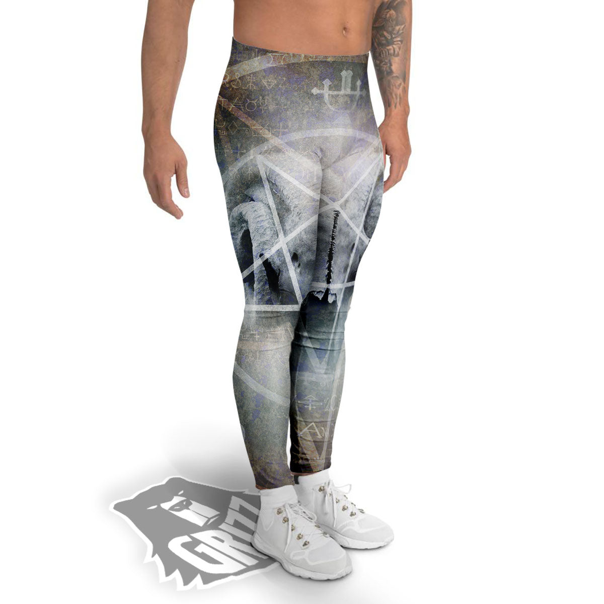 Skull Satanic Pentagram Print Men's Leggings-grizzshop