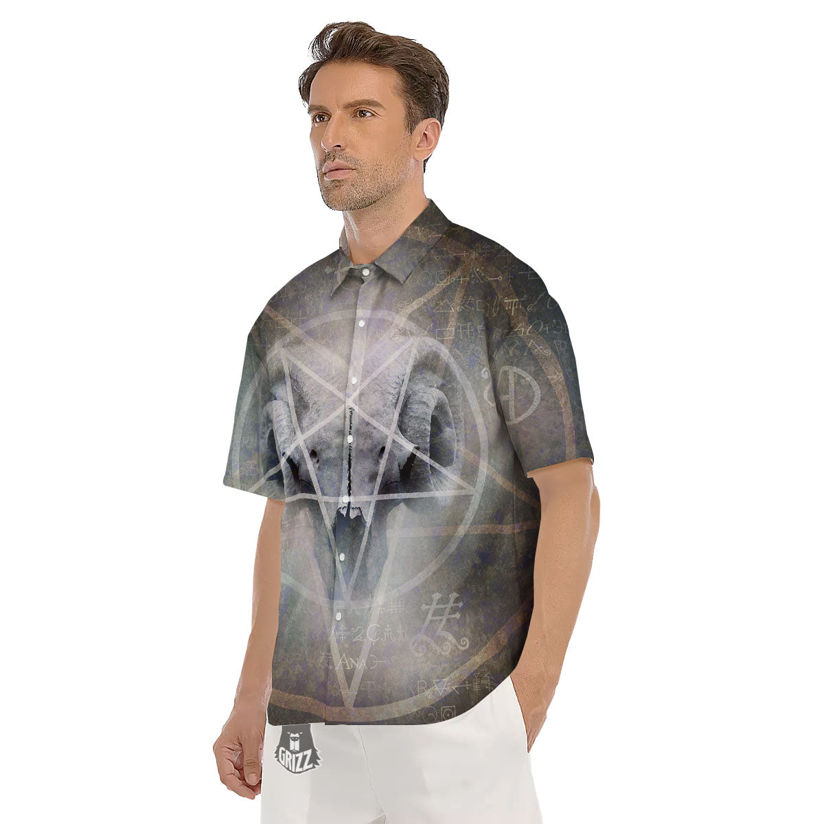 Skull Satanic Pentagram Print Men's Short Sleeve Shirts-grizzshop