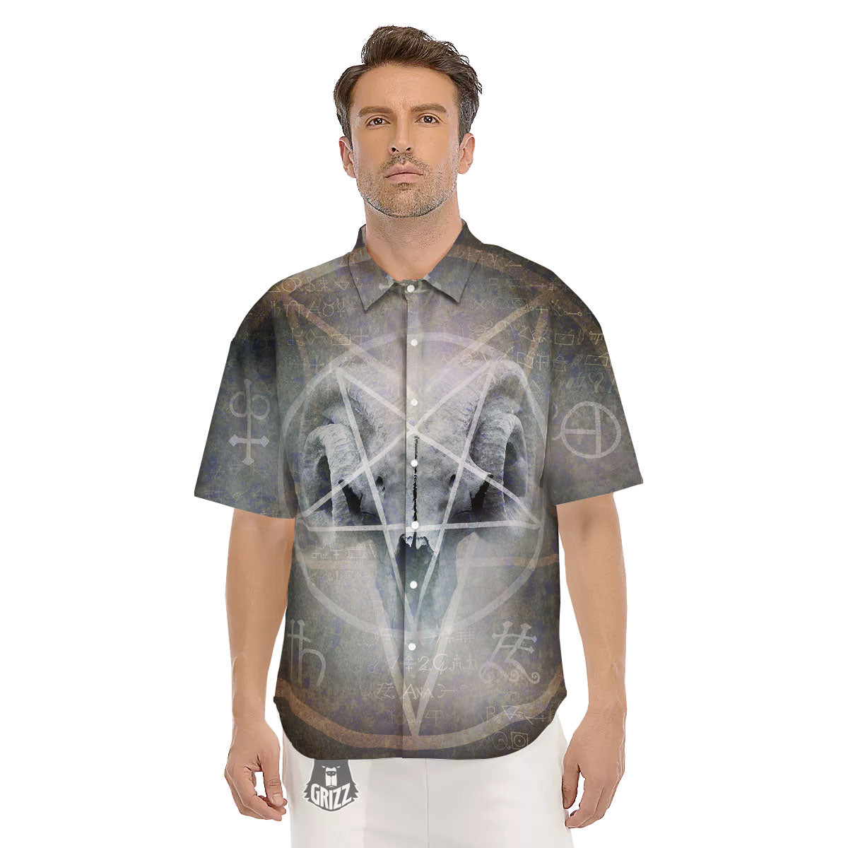 Skull Satanic Pentagram Print Men's Short Sleeve Shirts-grizzshop