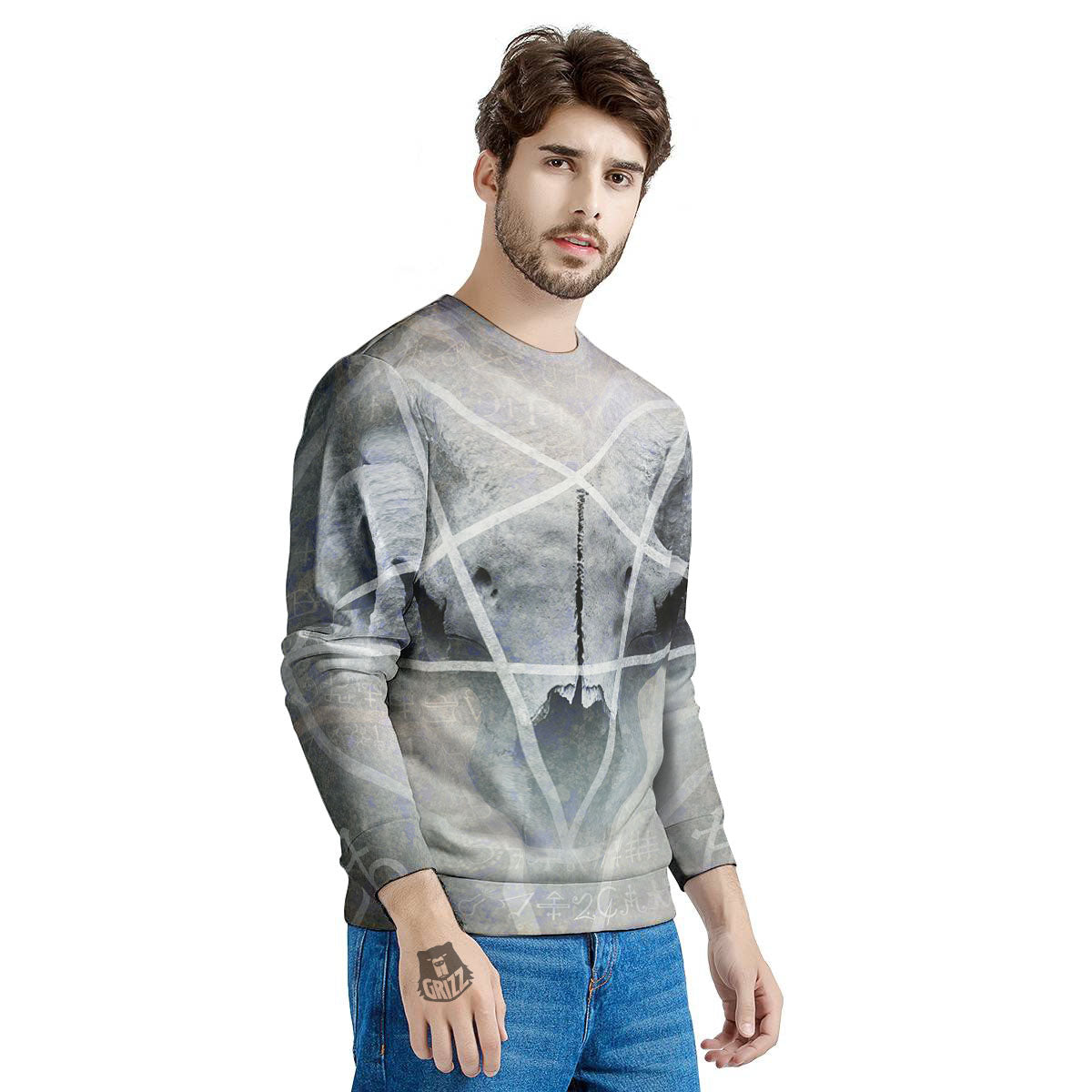 Skull Satanic Pentagram Print Men's Sweatshirt-grizzshop