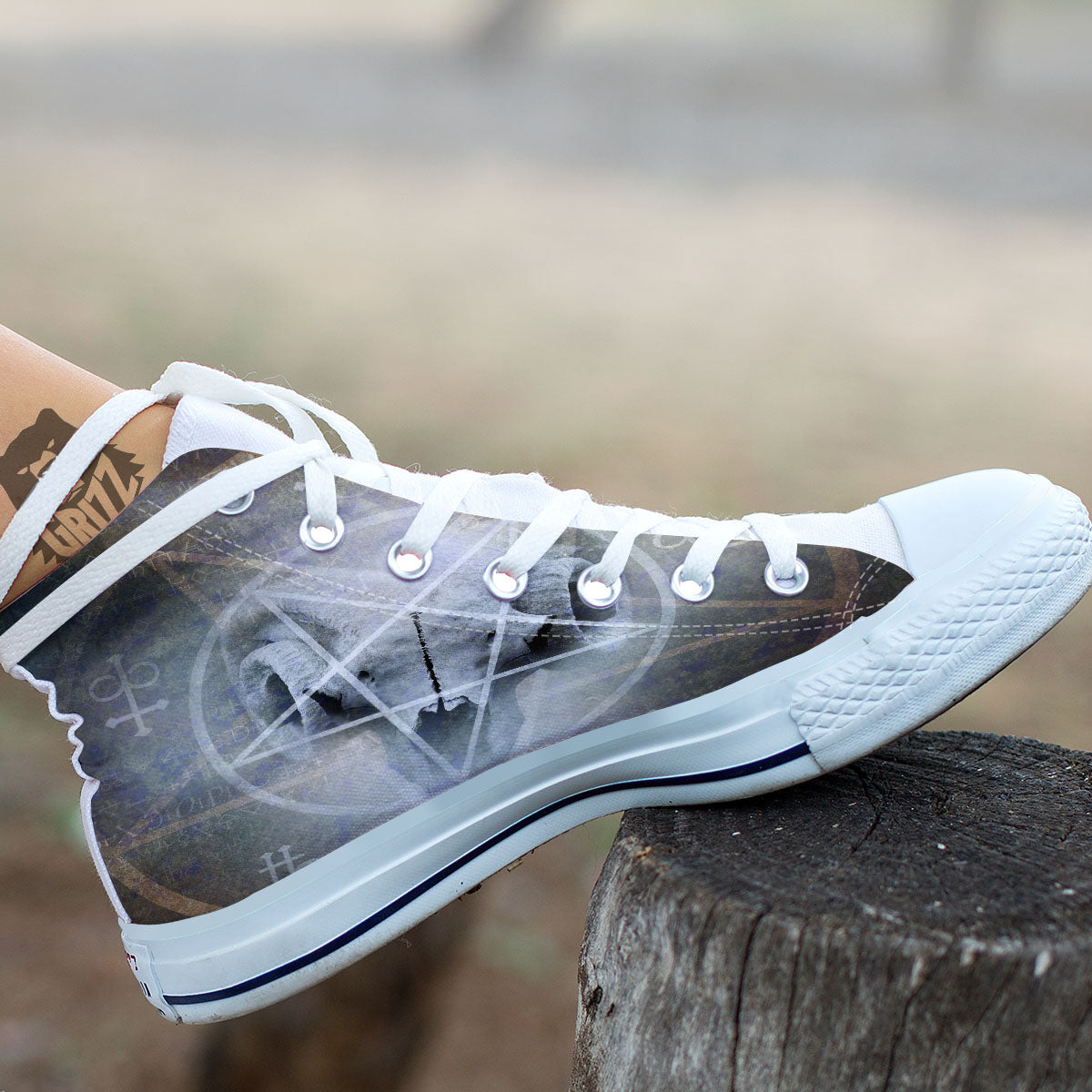 Skull Satanic Pentagram Print White High Top Shoes-grizzshop