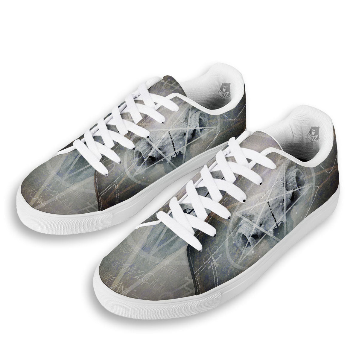 Skull Satanic Pentagram Print White Low Top Sneakers-grizzshop