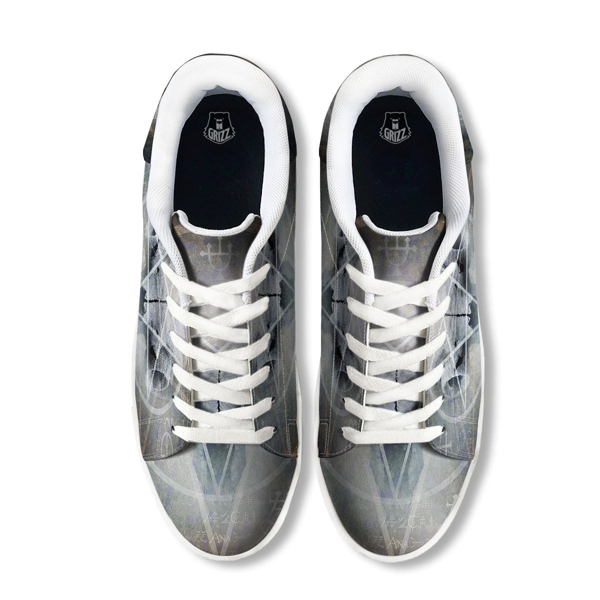 Skull Satanic Pentagram Print White Low Top Sneakers-grizzshop