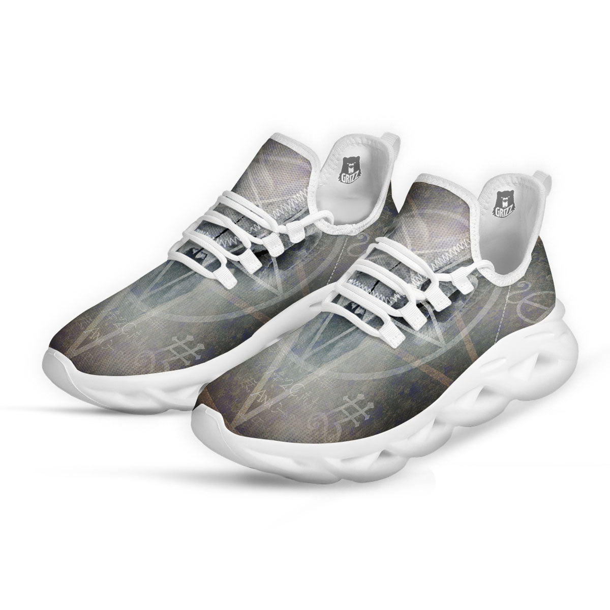 Skull Satanic Pentagram Print White Running Shoes-grizzshop