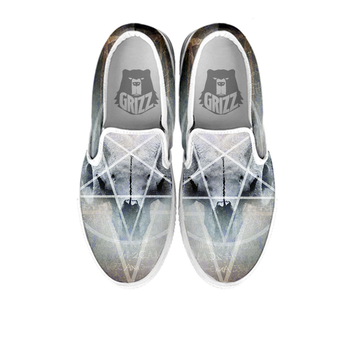 Skull Satanic Pentagram Print White Slip On Shoes-grizzshop