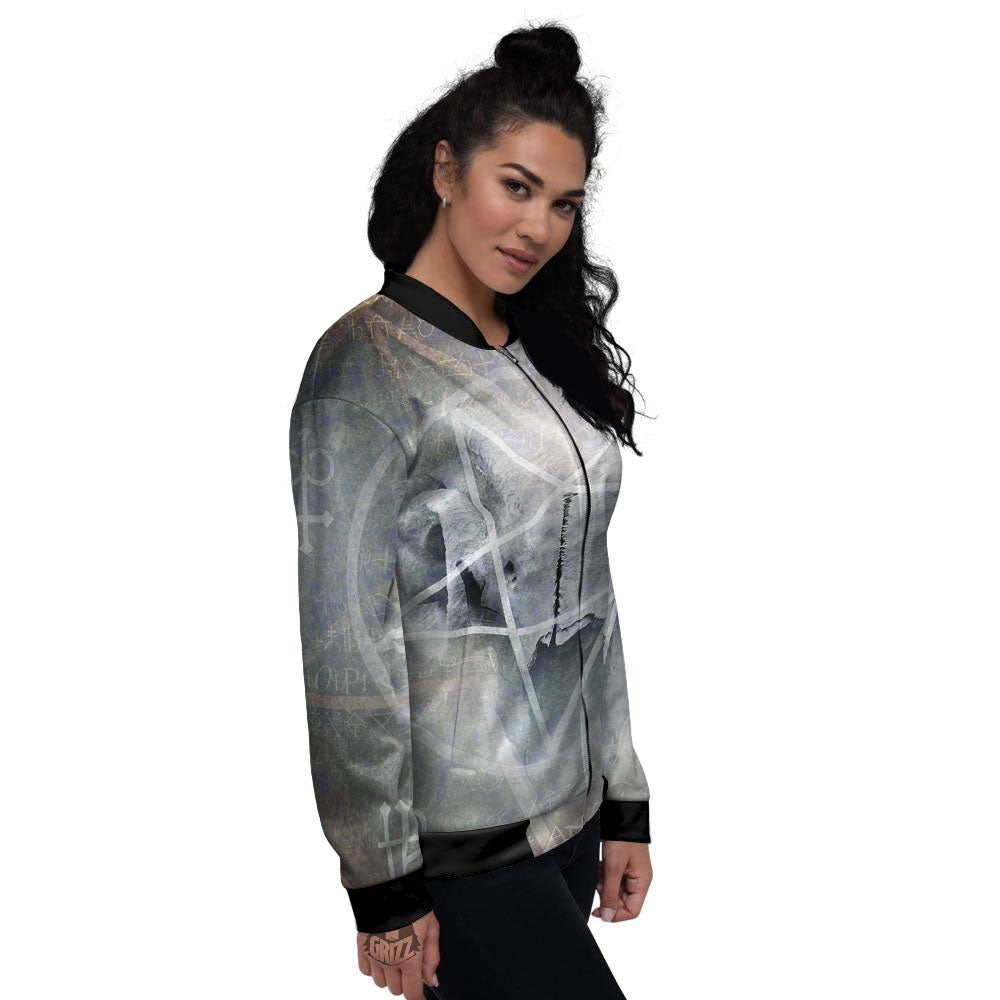 Skull Satanic Pentagram Print Women's Bomber Jacket-grizzshop