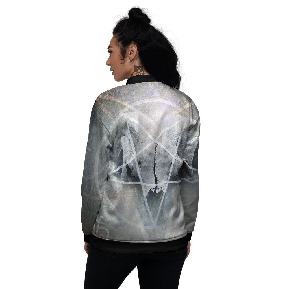 Skull Satanic Pentagram Print Women's Bomber Jacket-grizzshop