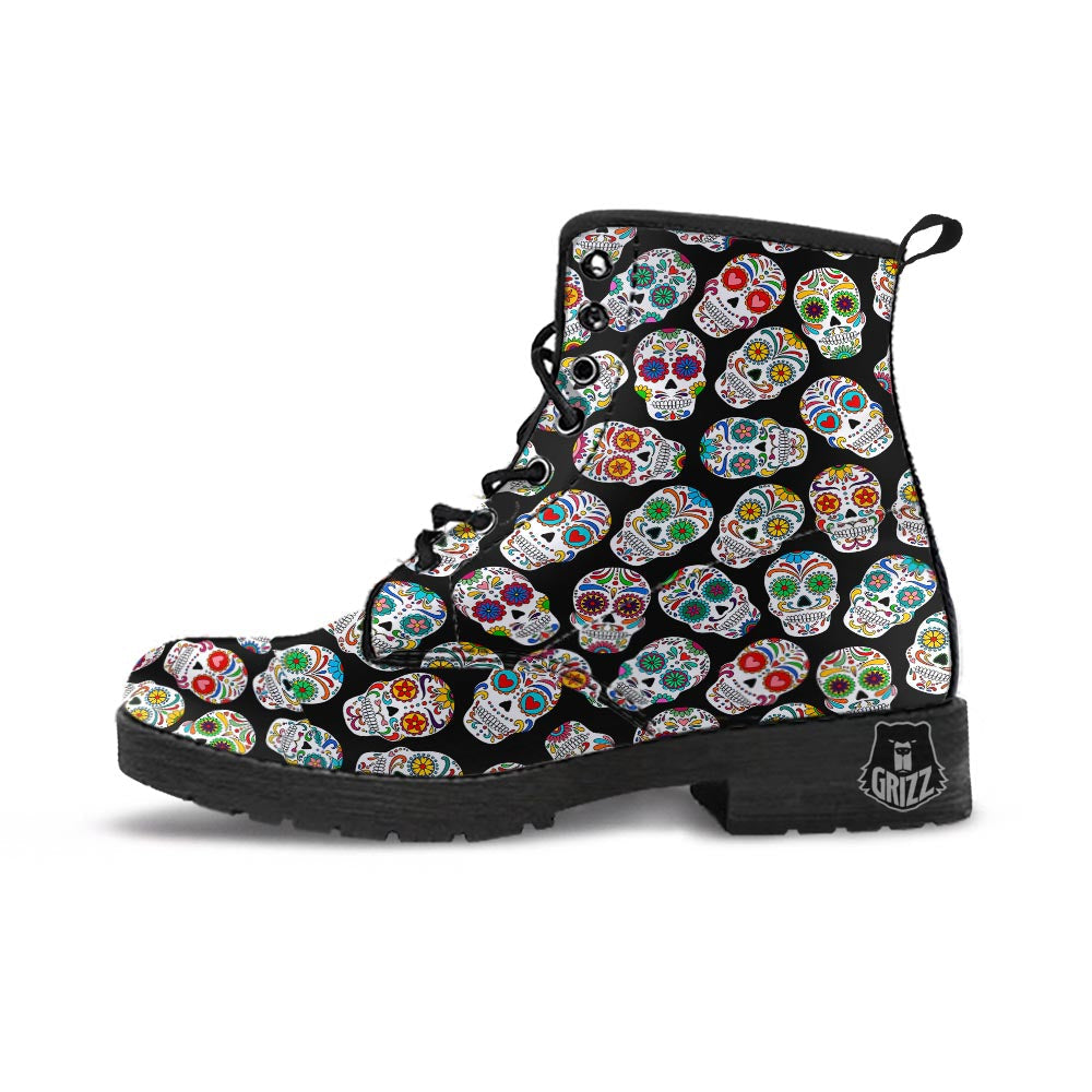 Skull Sugar Print Pattern Leather Boots-grizzshop