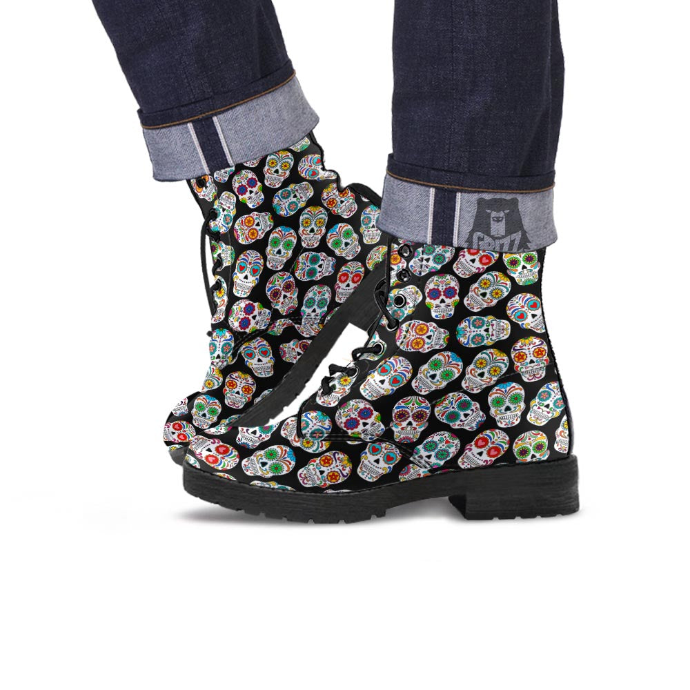 Skull Sugar Print Pattern Leather Boots-grizzshop