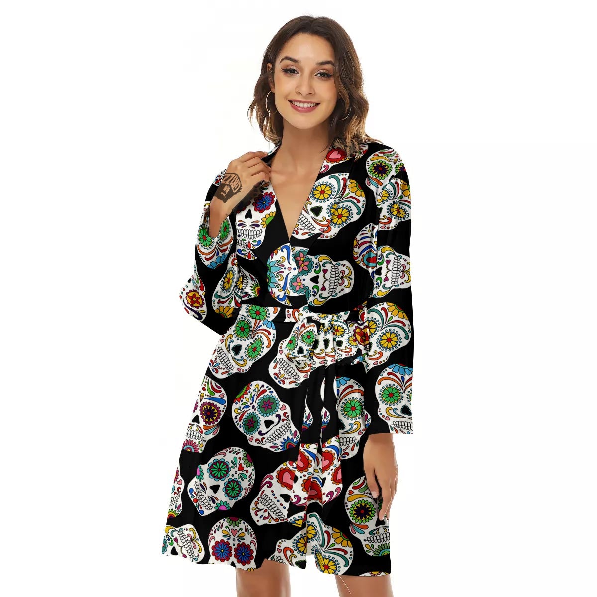 Skull Sugar Print Pattern Women's Robe-grizzshop