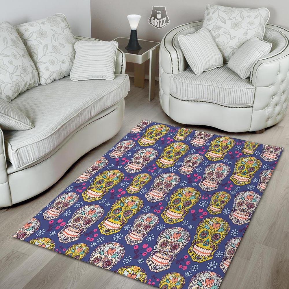 Skull Teal Sugar Print Pattern Floor Mat-grizzshop
