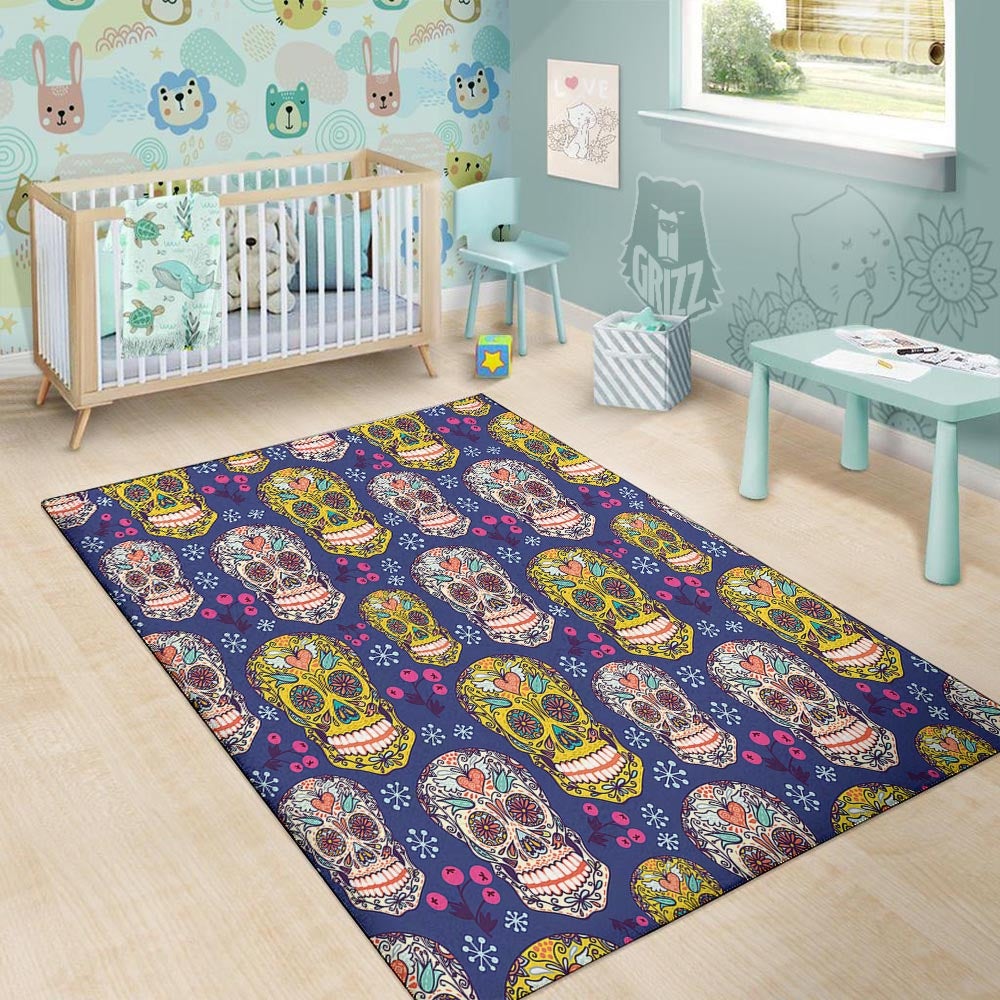 Skull Teal Sugar Print Pattern Floor Mat-grizzshop