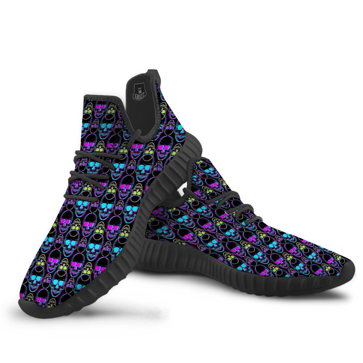 Skull Trippy Neon Print Pattern Black Walking Shoes-grizzshop