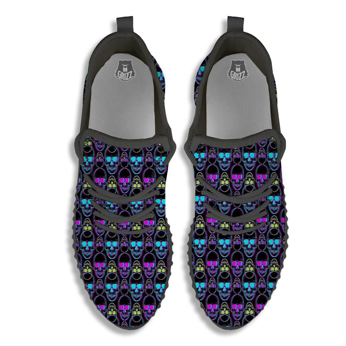 Skull Trippy Neon Print Pattern Black Walking Shoes-grizzshop