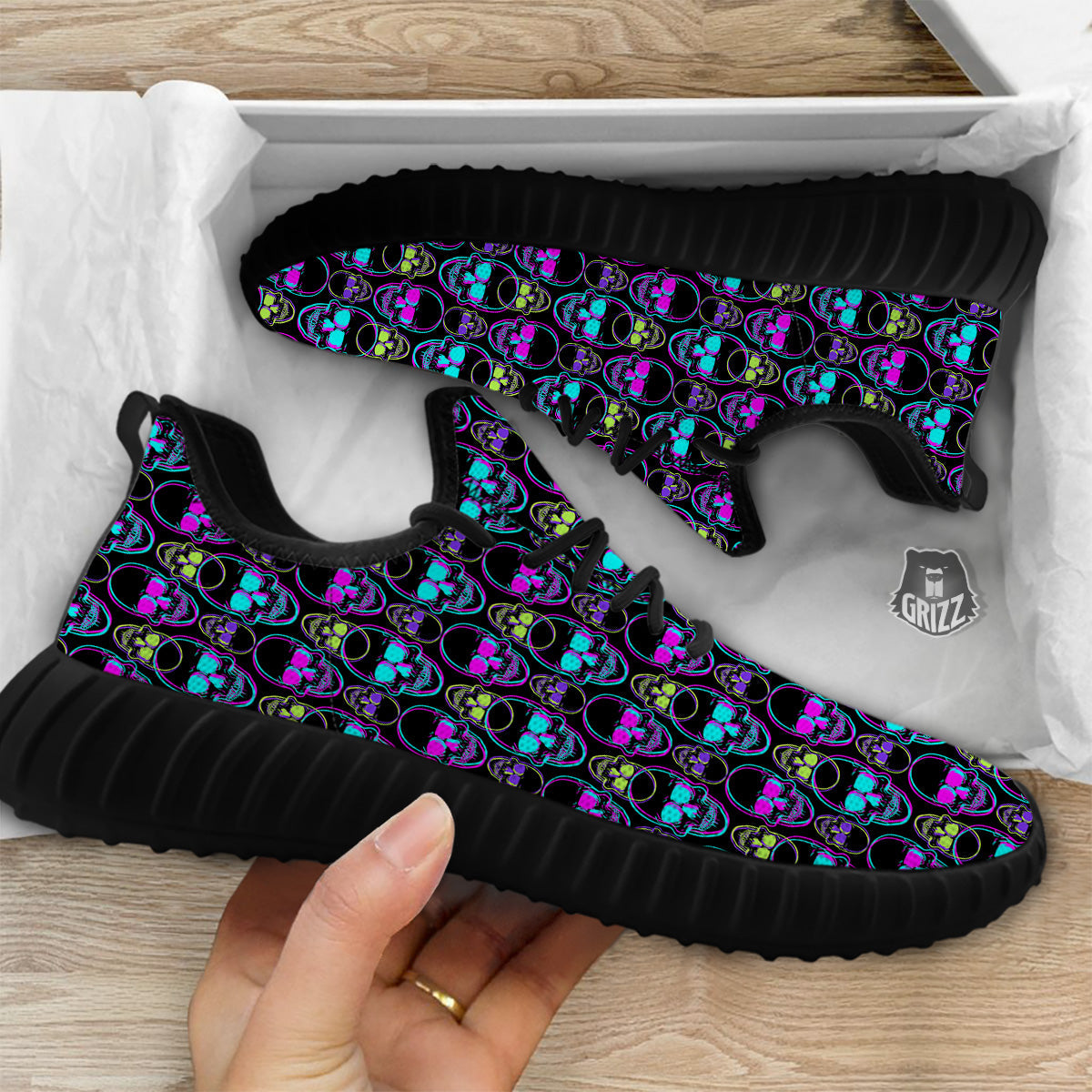 Skull Trippy Neon Print Pattern Black Walking Shoes-grizzshop