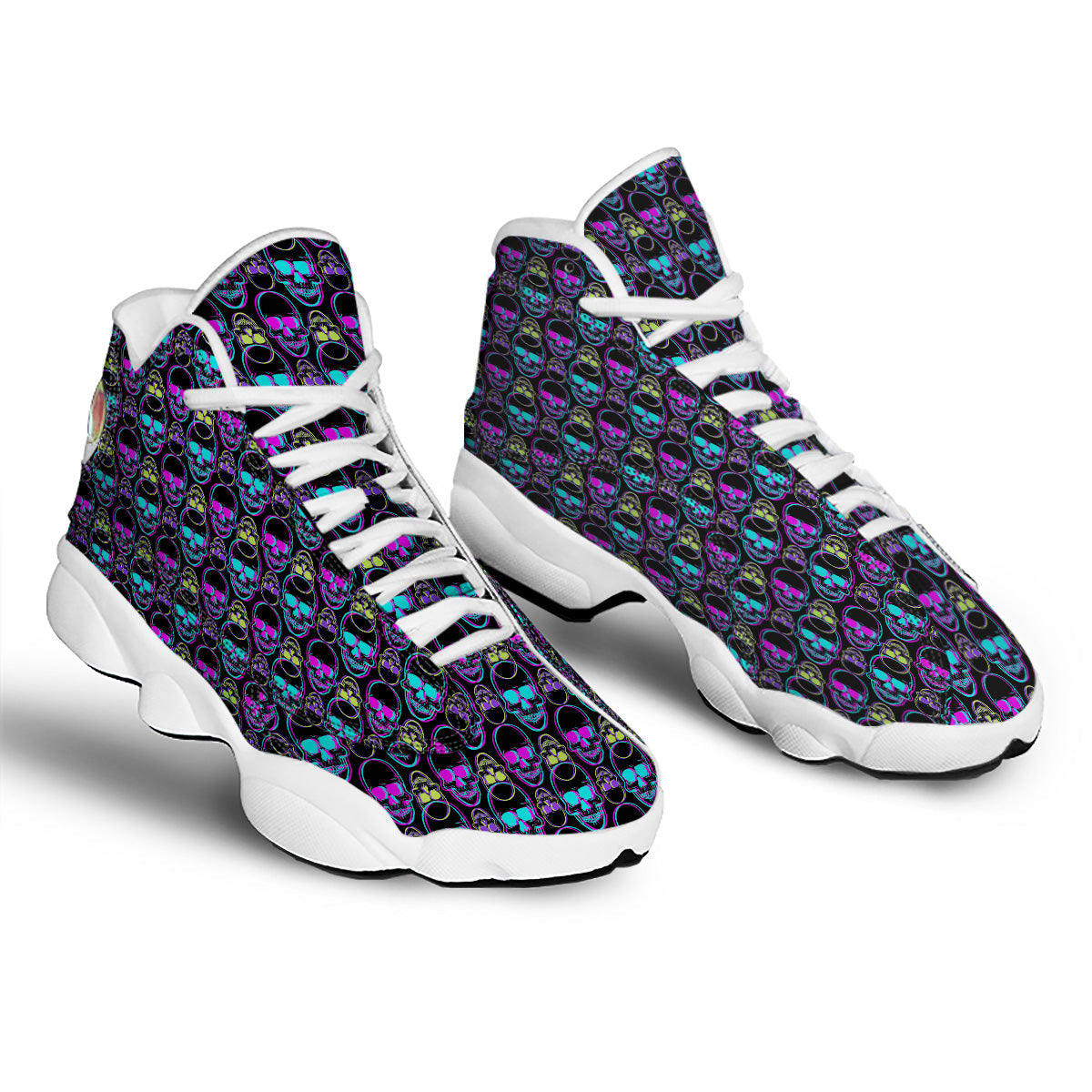 Skull Trippy Neon Print Pattern White Basketball Shoes-grizzshop