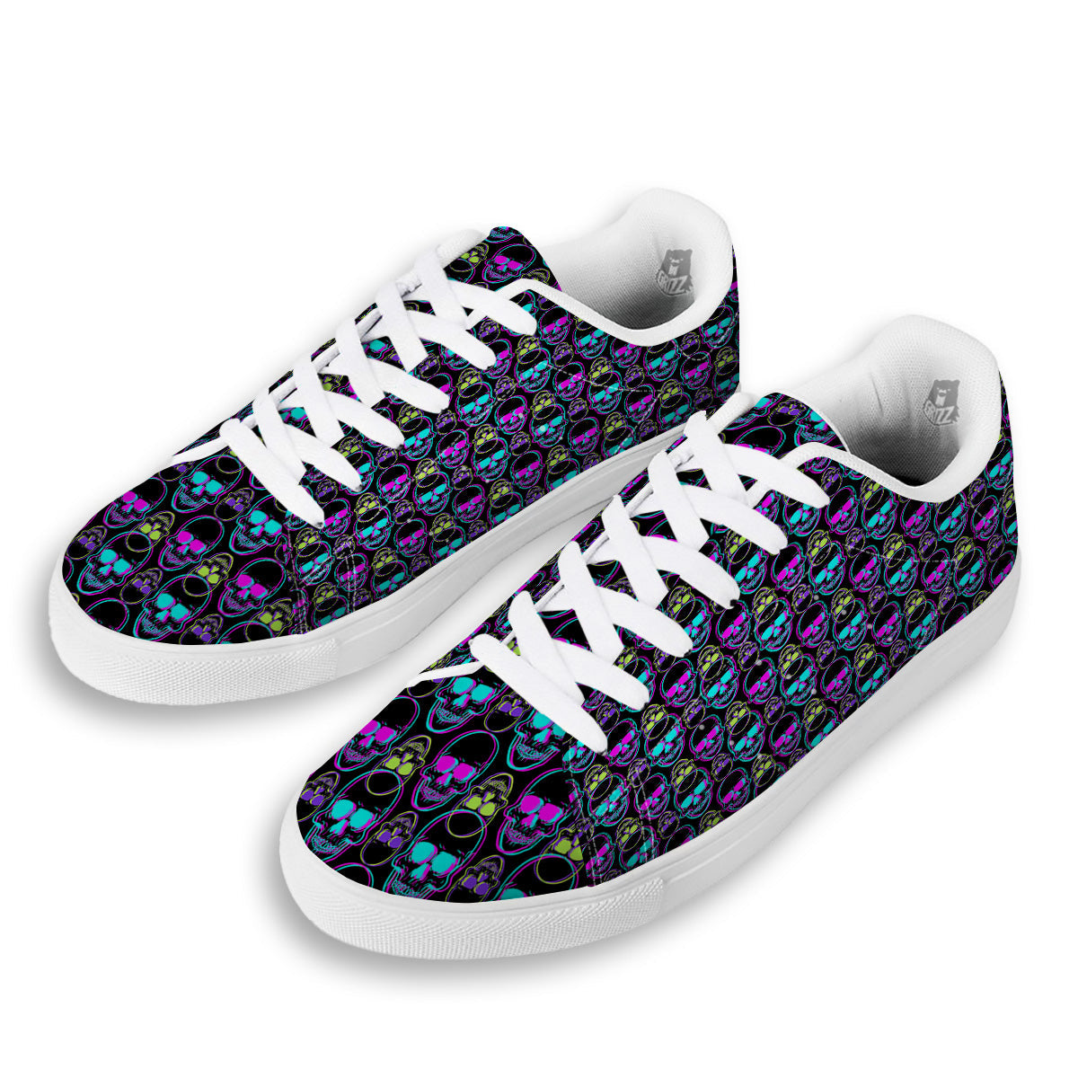 Skull Trippy Neon Print Pattern White Low Top Sneakers-grizzshop