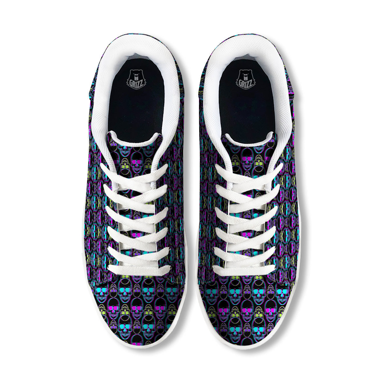 Skull Trippy Neon Print Pattern White Low Top Sneakers-grizzshop