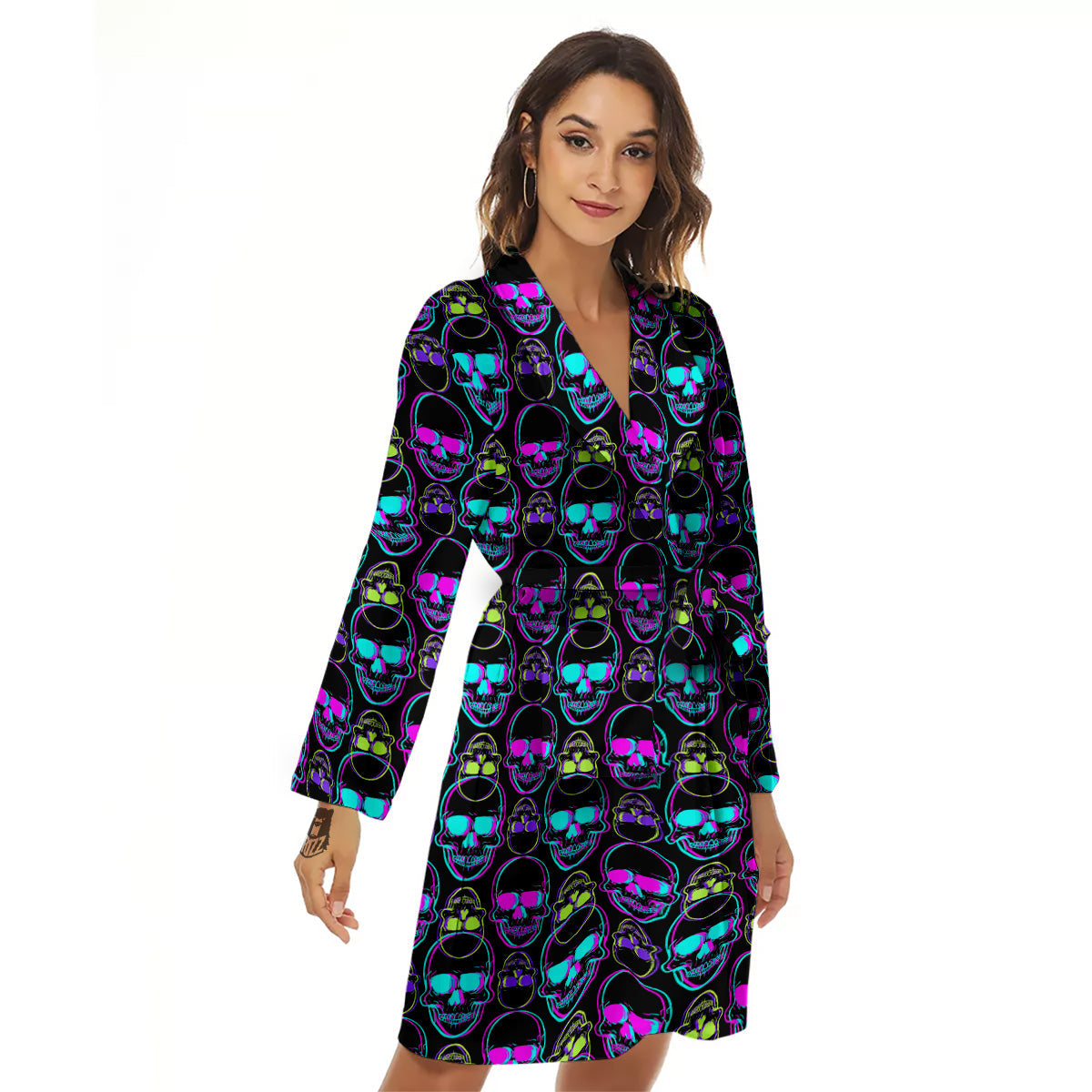 Skull Trippy Neon Print Pattern Women's Robe-grizzshop