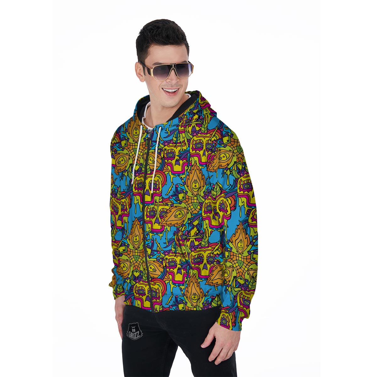 Skull Trippy Psychedelic Men's Zip Up Hoodie-grizzshop