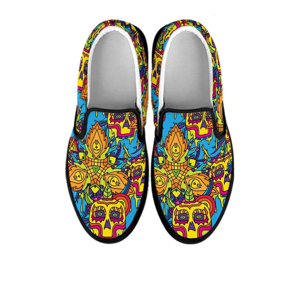 Skull Trippy Psychedelic Women's Slip On Sneakers-grizzshop