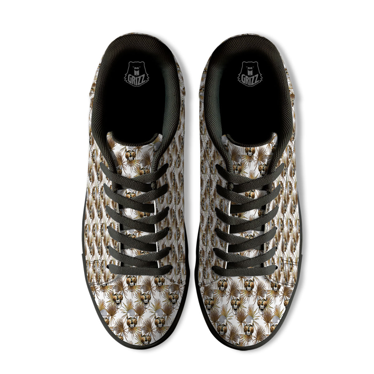Skull Tropical Gold Print Pattern Black Low Top Sneakers-grizzshop