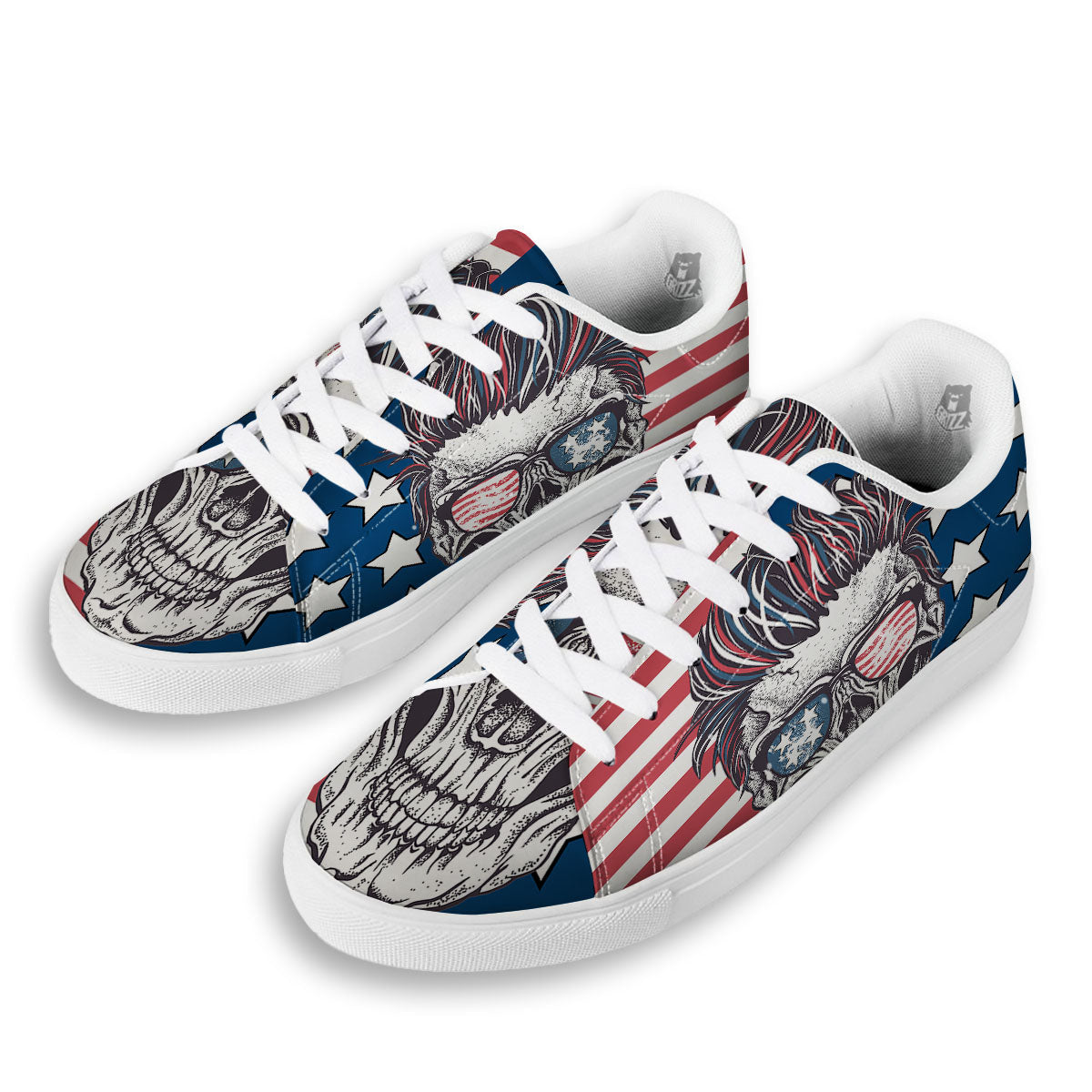 Skull With Sunglasses American Print White Low Top Sneakers-grizzshop