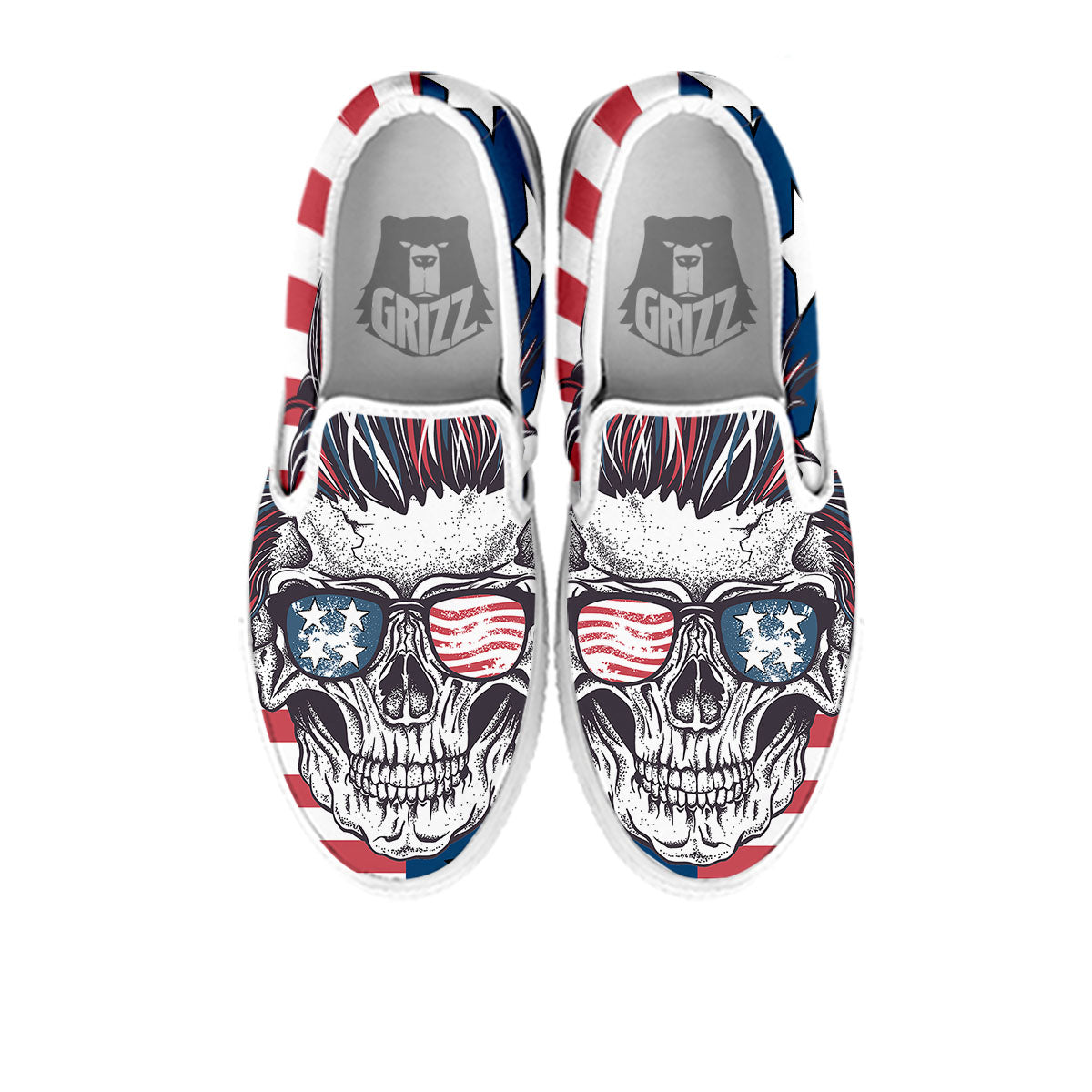 Skull With Sunglasses American Print White Slip On Shoes-grizzshop