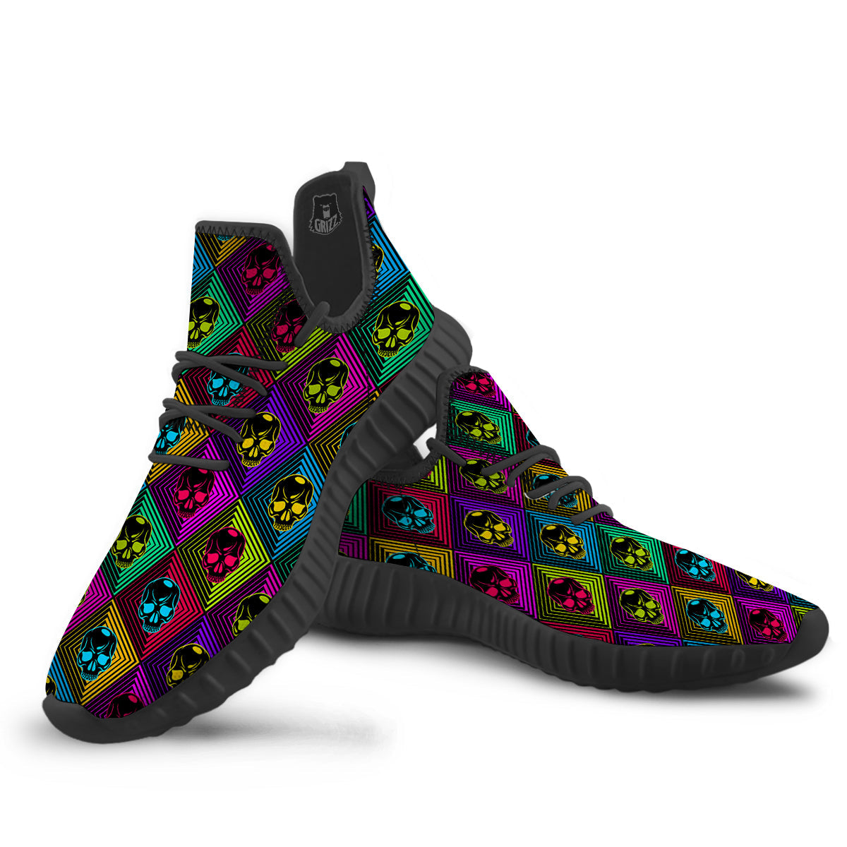 Skulls Hard Rock Colorful Print Pattern Black Walking Shoes-grizzshop