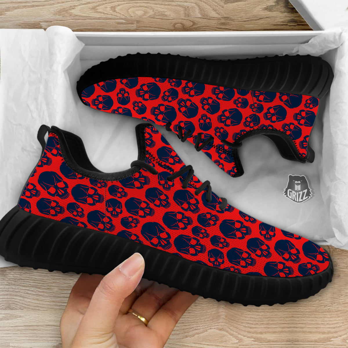 Skulls Red And Blue Hard Rock Print Pattern Black Walking Shoes-grizzshop