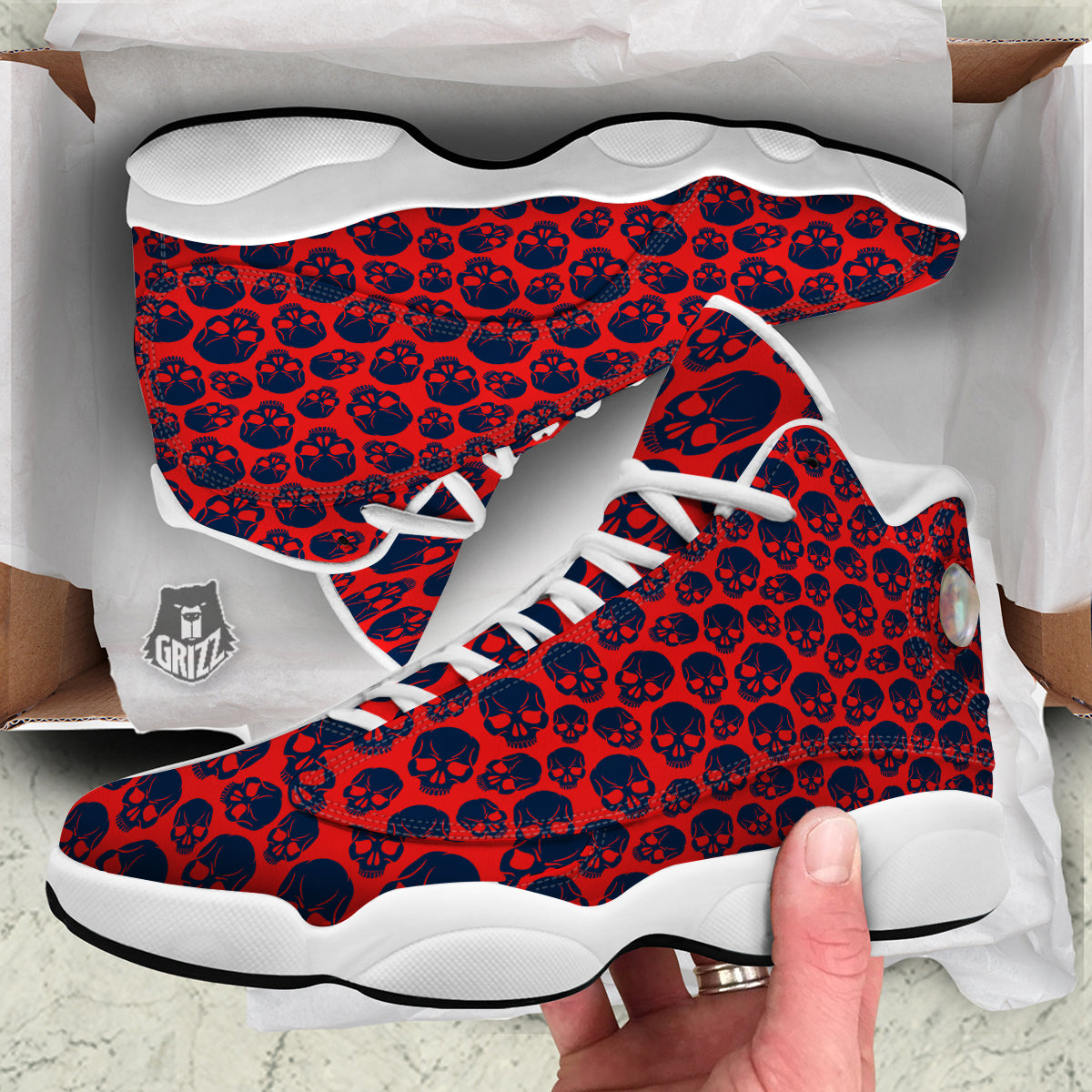 Skulls Red And Blue Hard Rock Print Pattern White Basketball Shoes-grizzshop