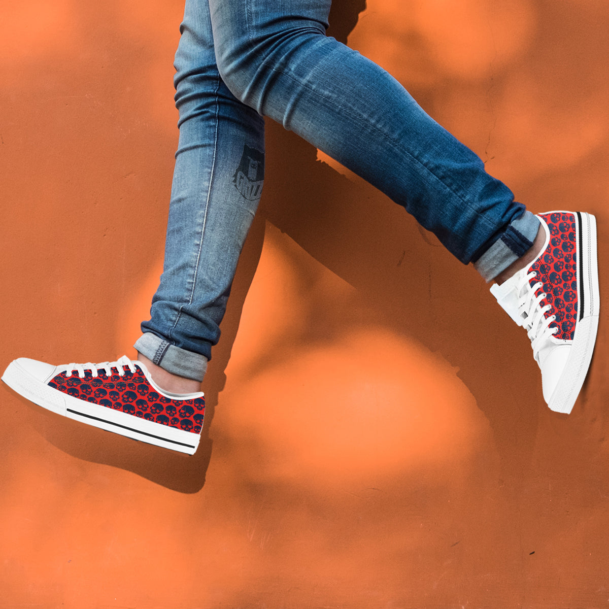 Skulls Red And Blue Hard Rock Print Pattern White Low Top Shoes-grizzshop
