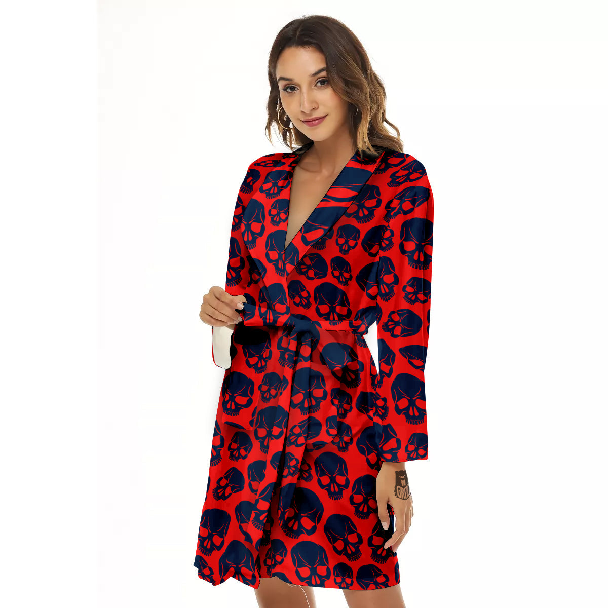 Skulls Red And Blue Hard Rock Print Pattern Women's Robe-grizzshop