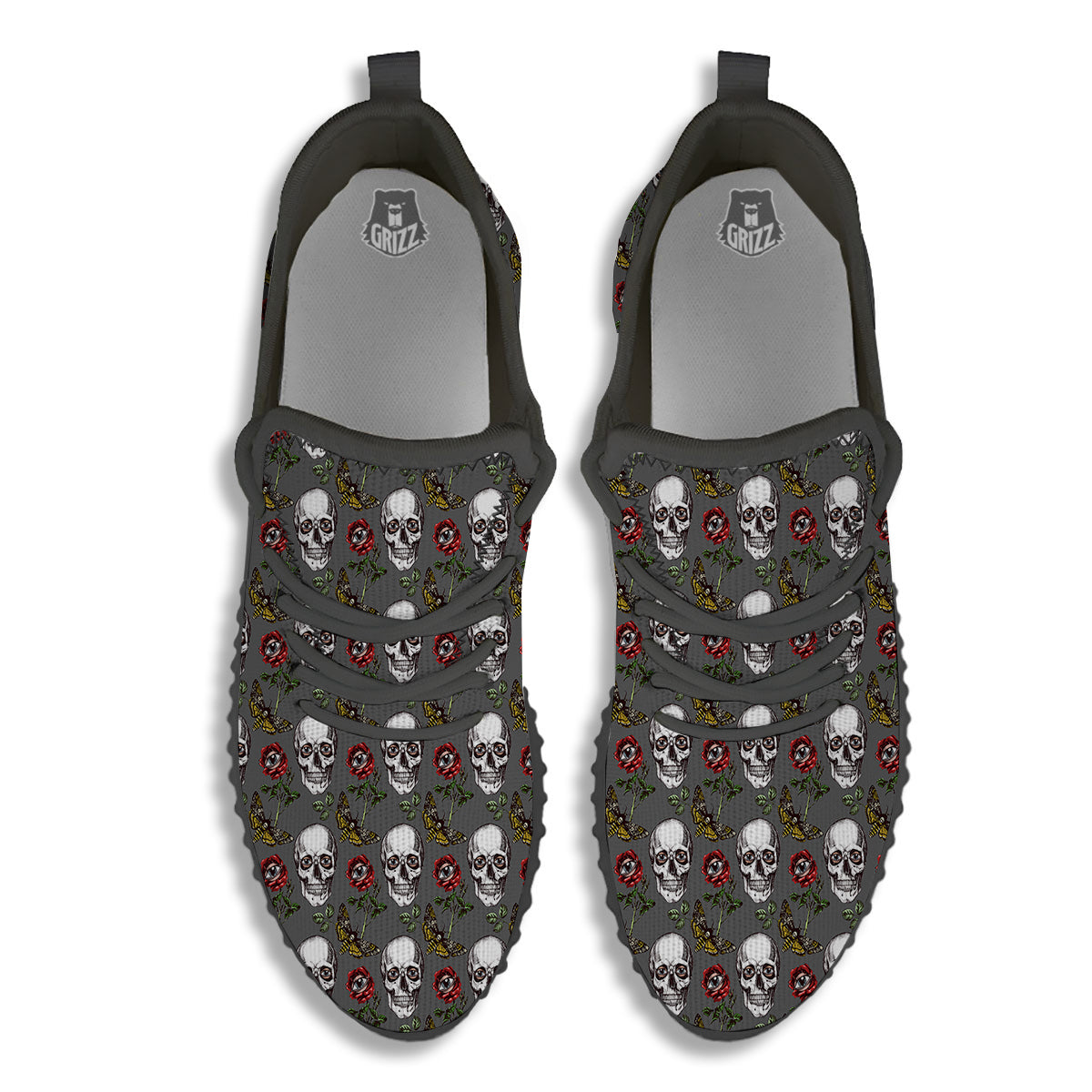 Skulls Roses Death Eyes Print Pattern Black Walking Shoes-grizzshop