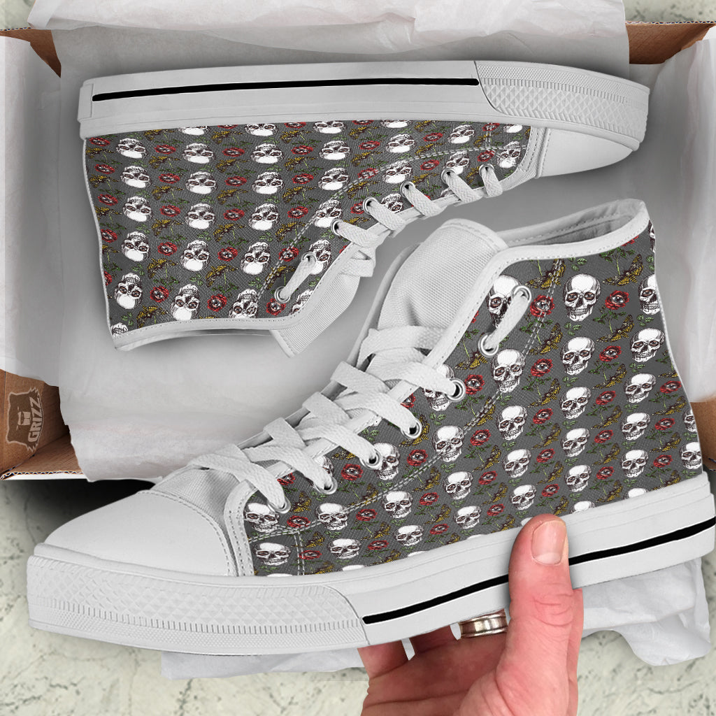 Skulls Roses Death Eyes Print Pattern White High Top Shoes-grizzshop
